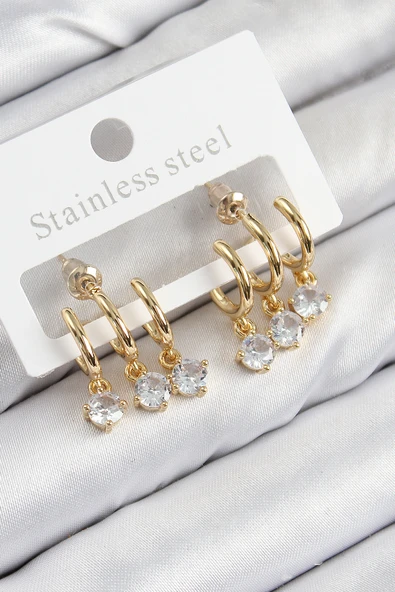 Pirinç Sallantılı Zirkon Taşlı Model Gold Renk Kadın Küpe - 1