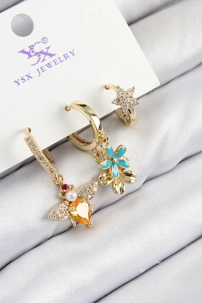 Pirinç Zirkon Taşlı 3 lü Arı Ve Çiçek Model Gold Renk Kadın Küpe - 1