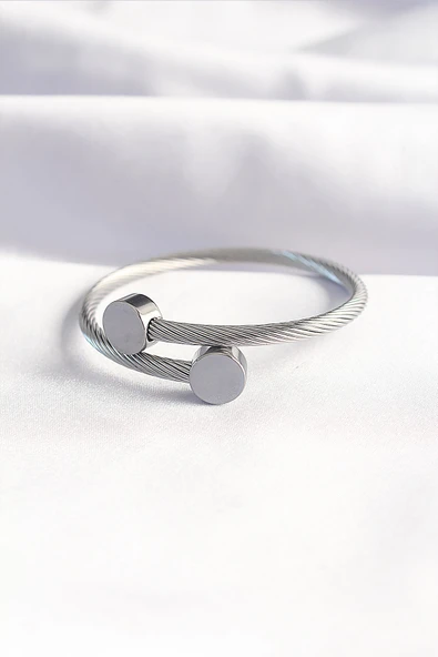 Çelik Gümüş Renk Oval Aksesuarlı Burgu Model Bileklik ve Yüzük Kombini - 4