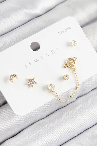 Pirinç Zirkon Taşlı Yıldız Ve Gezegen Model Gold Renk 925 Ayar Gümüş Çivi Kadın Küpe Set - 1