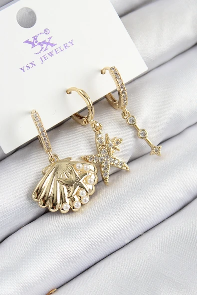 Pirinç Zirkon Taşlı 3 lü İstiridye Ve Yıldız Model Gold Renk Kadın Küpe - 1