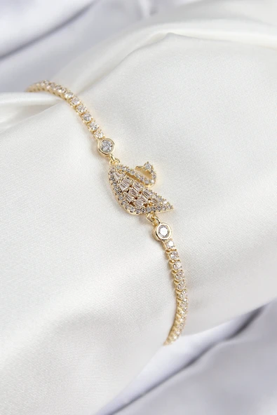 Pirinç Zirkon Taşlı Kuğu Model Gold Renk Kadın Bileklik - 1