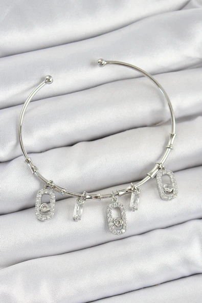 Pirinç Zirkon Taşlı Dikdörtgen Model Gümüş Renk Charm Bileklik - 1
