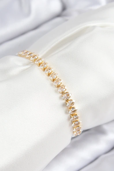 Pirinç Zirkon Taşlı Damla Model Gold Renk Asansörlü Kadın Bileklik - 1