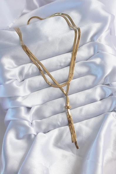 316L Çelik Gold Renk 2'li İtalyan Zincir Asansör Model Sallantı Detay Kadın Kolye - TJ-BKO8025 - Resim 2