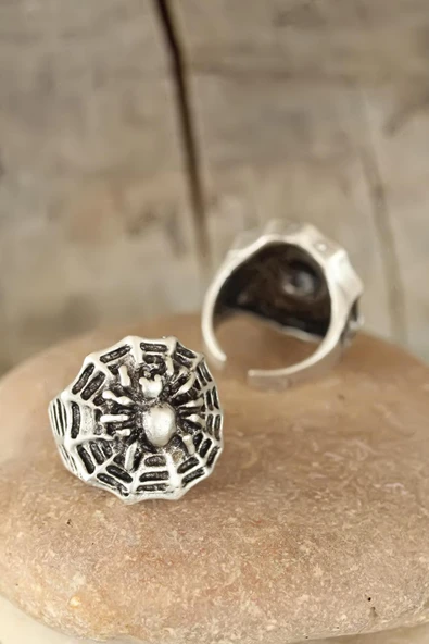 Eskitme Gümüş Renk Örümcek Figürlü Erkek Ayarlamalı Yüzük - 1