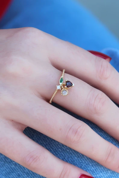 Gold Renk Kiraz Model Zirkon Taşlı Kadın Yüzük - 1
