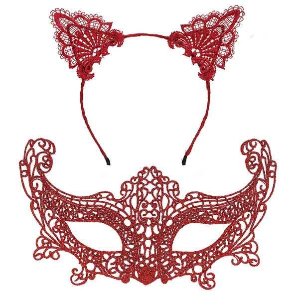 Romantik Kırmızı Dantel Maske Seti - Kedi Kulaklı Taç ve Maske No 3 - 2