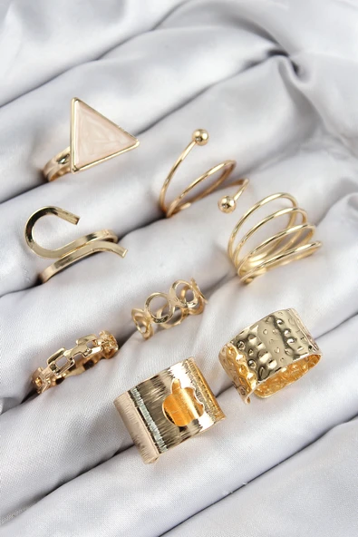Pirinç Üçgen Model Gold Renk Kadın Yüzük Kombin Set - 1