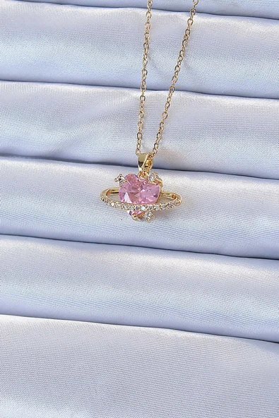 Çelik Zincir Altın Renk Pembe Zirkon Taşlı Satürn Görünümlü Kalp Kolye - 1