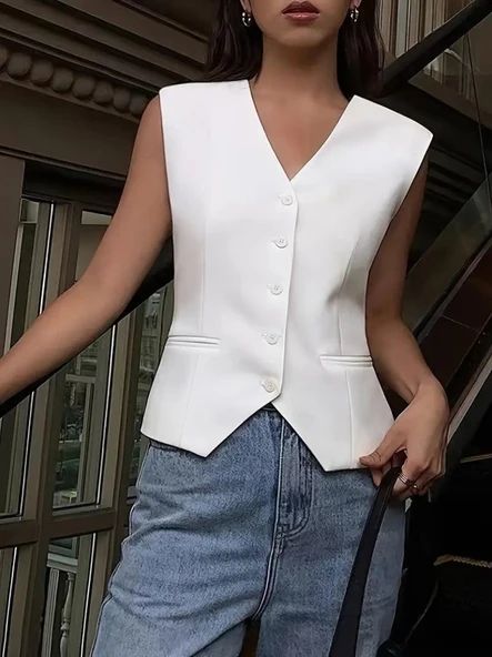 Lucky Life Kadın Sıfır Kollu önden Düğmeli Atlas Yelek - Resim 2