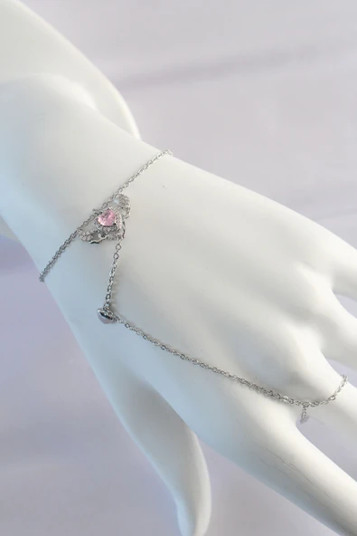 Çelik Gümüş Renk Pembe Zirkon Taşlı Kanatlı Kalp Model Şahmeran - 4