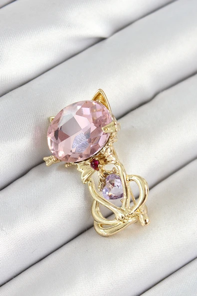 Pembe Zirkon Taşlı Kap Detaylı Kedi Figürlü Gold Renk Kadın Broş - 1