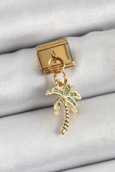 Çelik Sallantılı Zirkon Taşlı Palmiye Ağacı Model Gold Renk Nomination Charm - 1