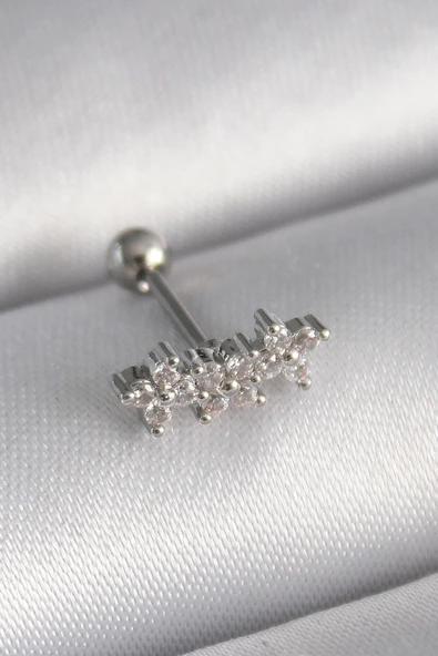 Çelik Gümüş Renk Zirkon Taşlı Yonca Tragus Piercing - 1
