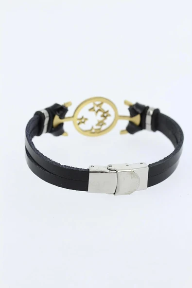 Gold Renk Yıldız Figürlü Metal Aksesuarlı Siyah Renk Deri Erkek Bileklik - 2