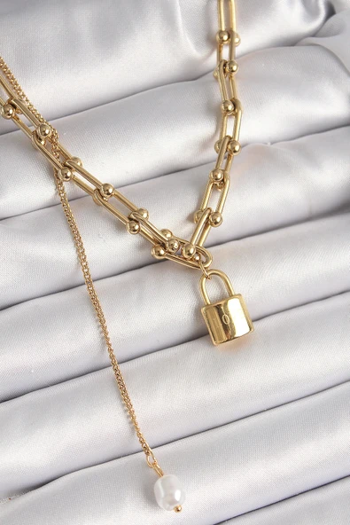 316L Çelik Gold Renk Tifany Zincir Model Kilit Figür Sallantı İnci Detay Kadın Kolye ürün görseli