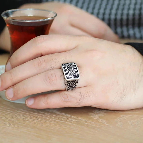 Örgü Desenli 925 Ayar Gümüş Erkek Yüzük - Resim 3