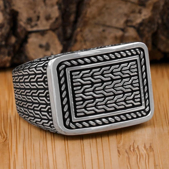 Örgü Desenli 925 Ayar Gümüş Erkek Yüzük - Resim 4