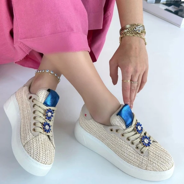 Iwer Bej Hasır Dokumalı Bağcıklı Spor Ayakkabı - 4