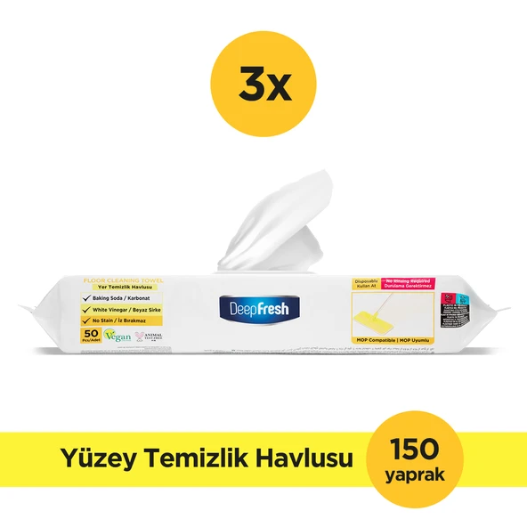 Deep Fresh İz Bırakmaz Mop Uyumlu Yer Temizleme Havlusu 50 Yaprak 3 Adet | Limon Yağlı | Karbonat, Beyaz Sirke ürün görseli