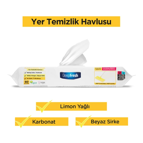 Deep Fresh İz Bırakmaz Mop Uyumlu Yer Temizleme Havlusu 50 Yaprak | Limon Yağlı | Karbonat, Beyaz Sirke - 1