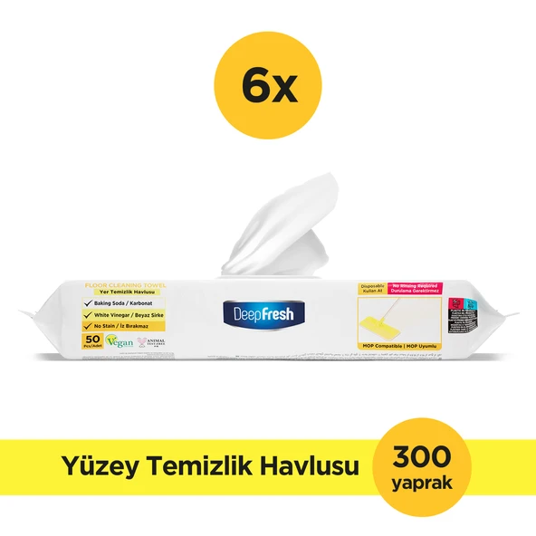 Deep Fresh İz Bırakmaz Mop Uyumlu Yer Temizleme Havlusu 50 Yaprak 6 Adet | LimonYağlı | Karbonat, Beyaz Sirke ürün görseli