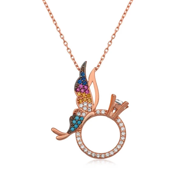 Gümüş Tek Taş Yüzüklü Kelebek Kolye ürün görseli 1