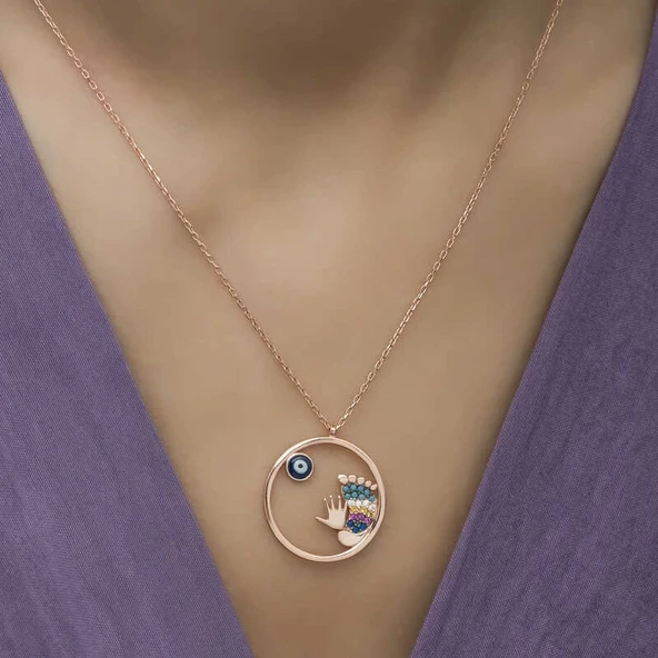 Gümüş Rose Nazarlı El ve Ayak İzi Bayan Kolye - Resim 5