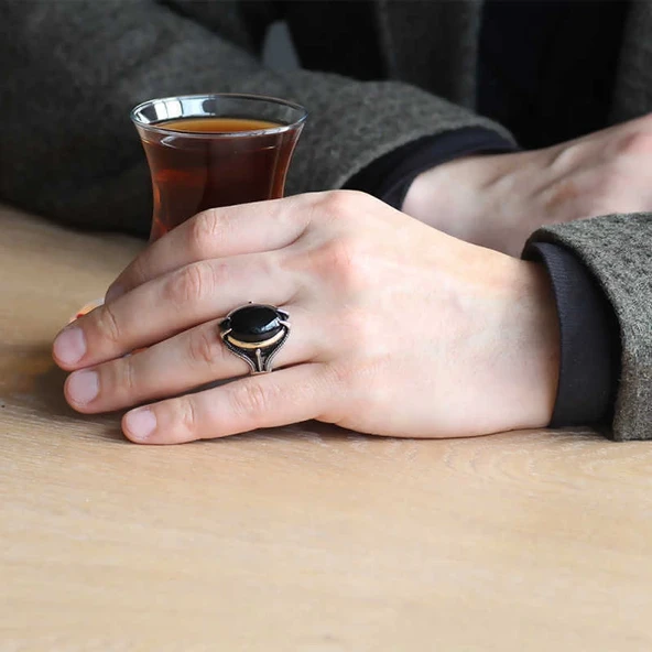 Gümüş Siyah Taşlı Kartal Pençesi Erkek Yüzük - Resim 3