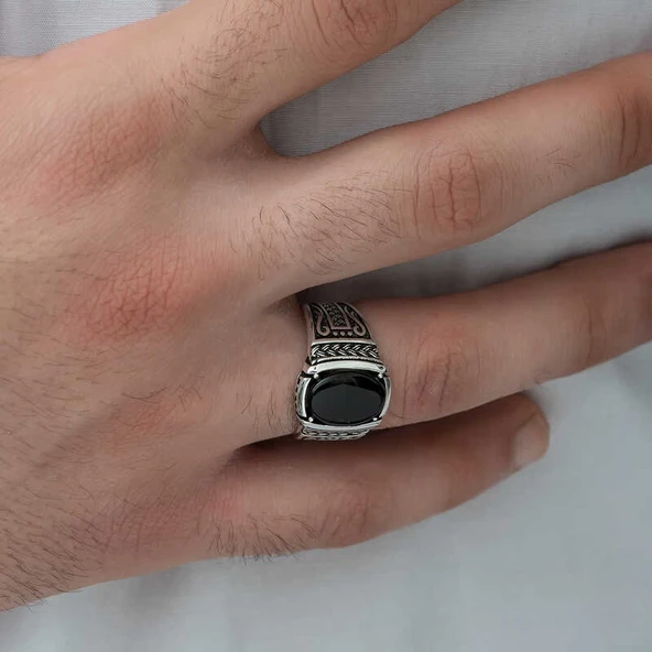 Gümüş Oniks Taşlı Örgü Desenli Erkek Yüzük - Resim 4