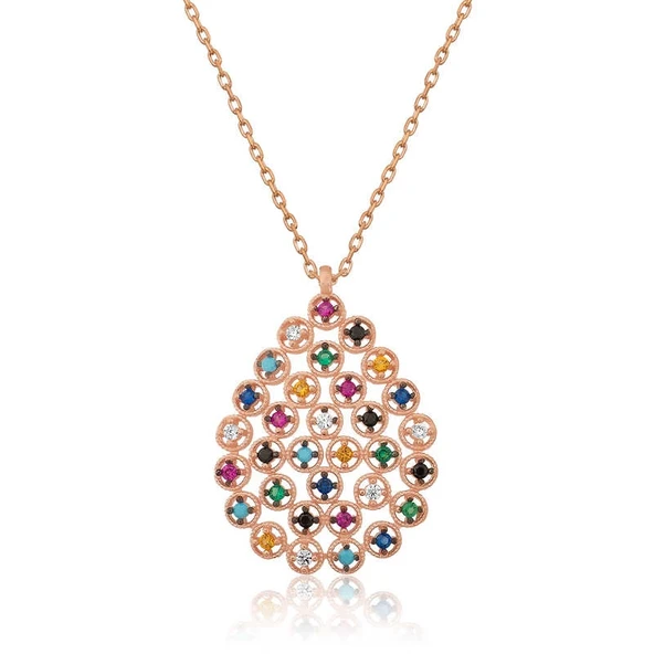 Gümüş Rose Renkli Taşlı Damla Kolye ürün görseli