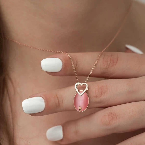 ​Gümüş Pembe Kedi Gözü Taşlı Kalp Kolye - Resim 3