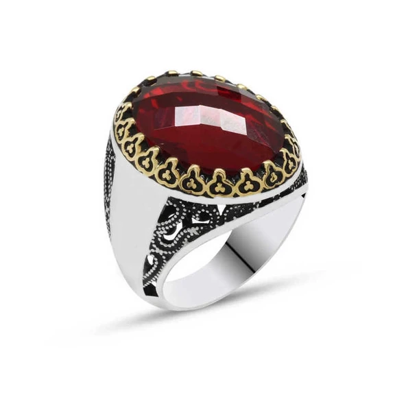 Gümüş Kırmızı Zirkon Taşlı Erkek Yüzük ürün görseli