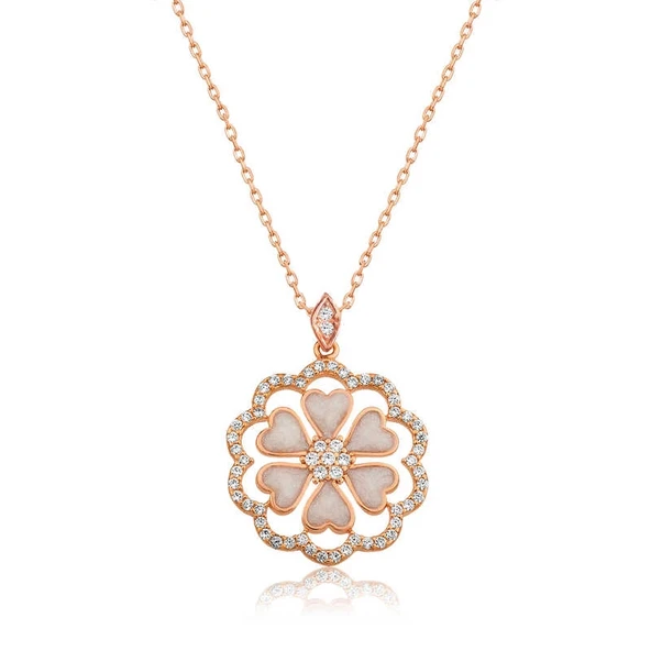 Gümüş Rose Kalp Çiçek Bayan Kolye ürün görseli 1