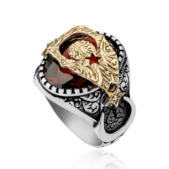 Gümüş Kırmızı Fasetli Taşlı Ay Yıldız Erkek Yüzük - Resim 2
