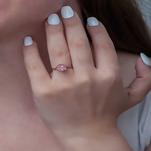 Gümüş Rose Pembe Lotus Çiçeği Yüzük - Resim 4