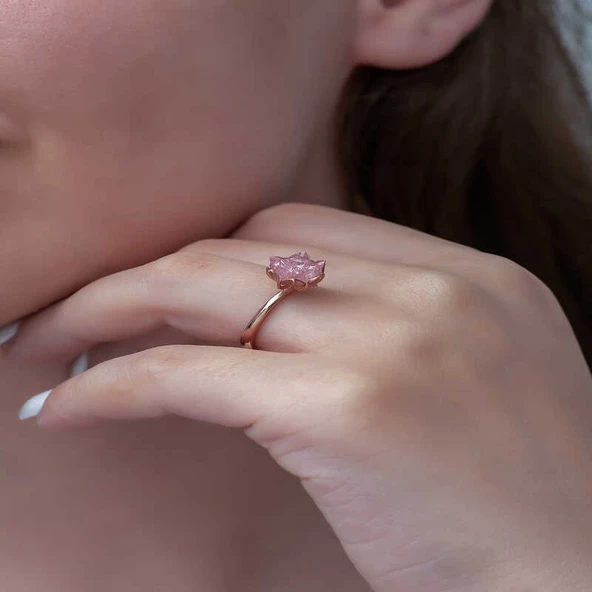 Gümüş Rose Pembe Lotus Çiçeği Yüzük - Resim 5