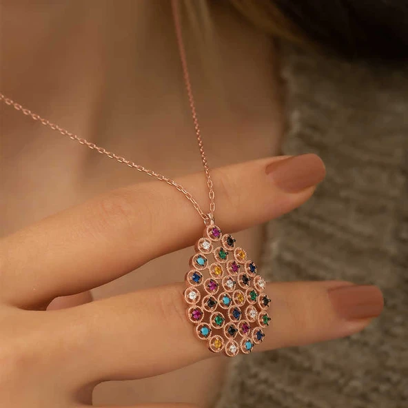 Gümüş Rose Renkli Taşlı Damla Kolye - Resim 2