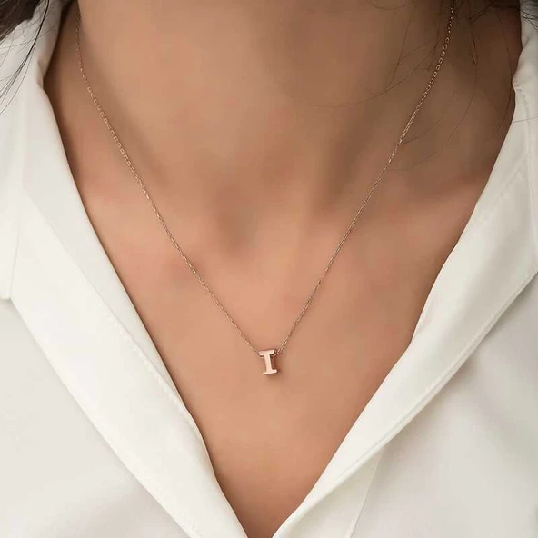 Gümüş Rose 3 Boyutlu I Harf Bayan Kolye ürün görseli 1