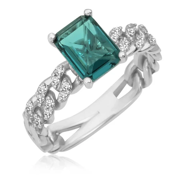 Gümüş Koyu Yeşil Baget Taşlı Kadın Yüzük ürün görseli 1