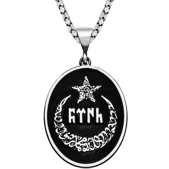 Gümüş Ay Yıldız İçerisi Göktürkçe Türk Yazılı Kolye ürün görseli