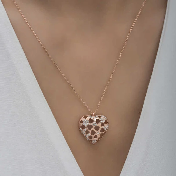 Gümüş Rose Bombeli Kalp Kadın Kolye - Resim 2
