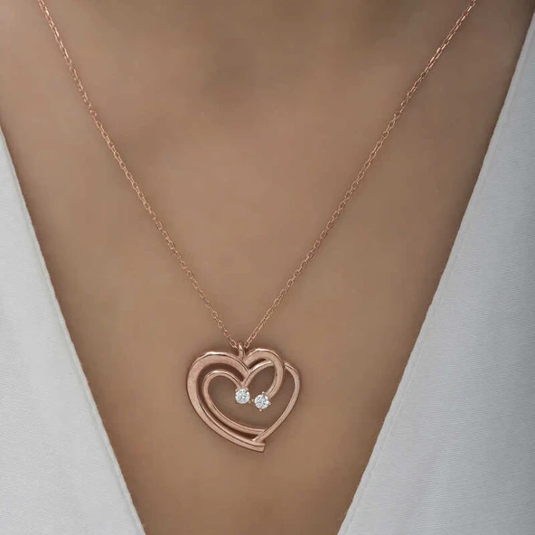 Gümüş Rose Birleşmiş Kalpler Kadın Kolye - Resim 5