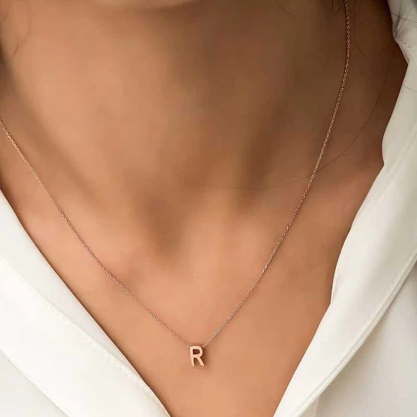 Gümüş Rose 3 Boyutlu R Harf Bayan Kolye ürün görseli
