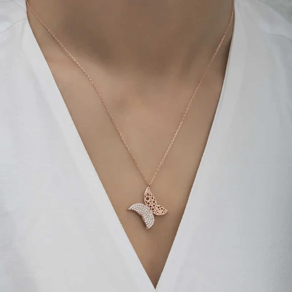 Gümüş Rose Kelebek Kadın Kolye - Resim 3