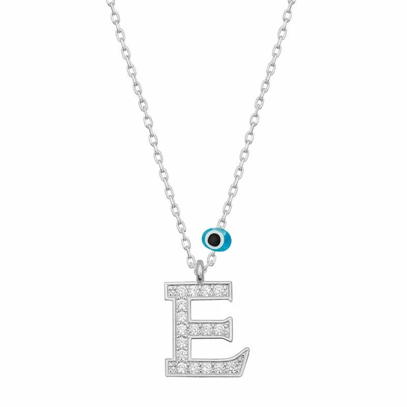 Gümüş Nazar Rodyum E Harfi Kadın Kolye ürün görseli