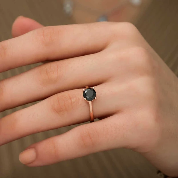 Gümüş Rose Siyah Tektaş Yüzük - Resim 4