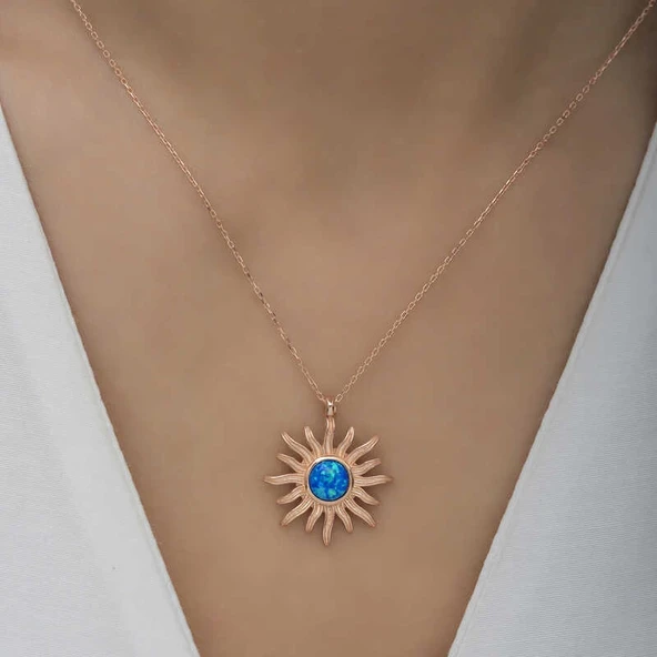 ​Gümüş Rose Mavi Opal Taşlı Güneş Kadın Kolye - Resim 5