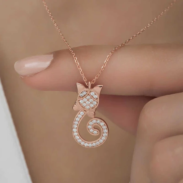 Gümüş Rose Kedi Kadın Kolye - Resim 4
